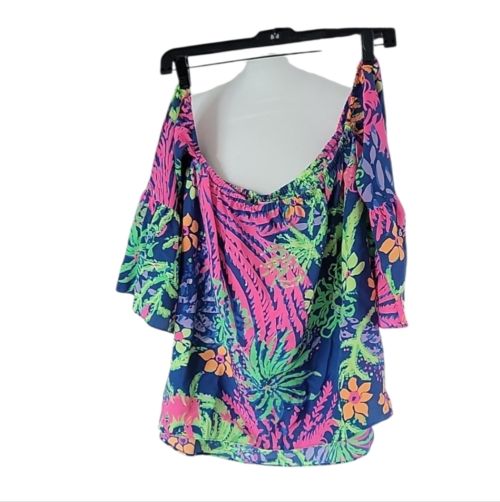 Lilly Pulitzer Sanilla Silk Off The Shoulder "Indigo All A Glow" Print Size S - Picture 13 of 13